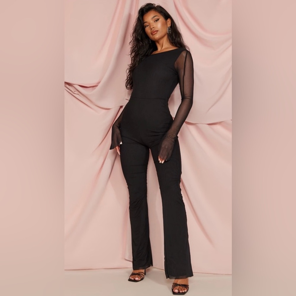 Pretty Little Thing  Black Mesh Long Sleeve Flared Leg Jumpsuit